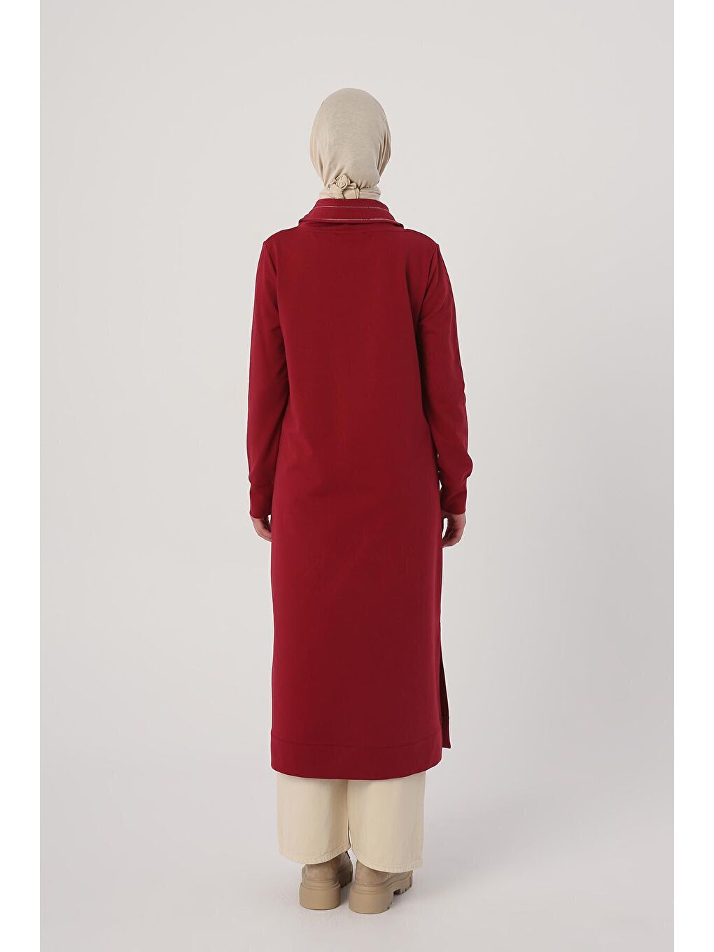 Koyu Bordo Yakası Sim Dikişli Kordonlu Sweat Tunik-3