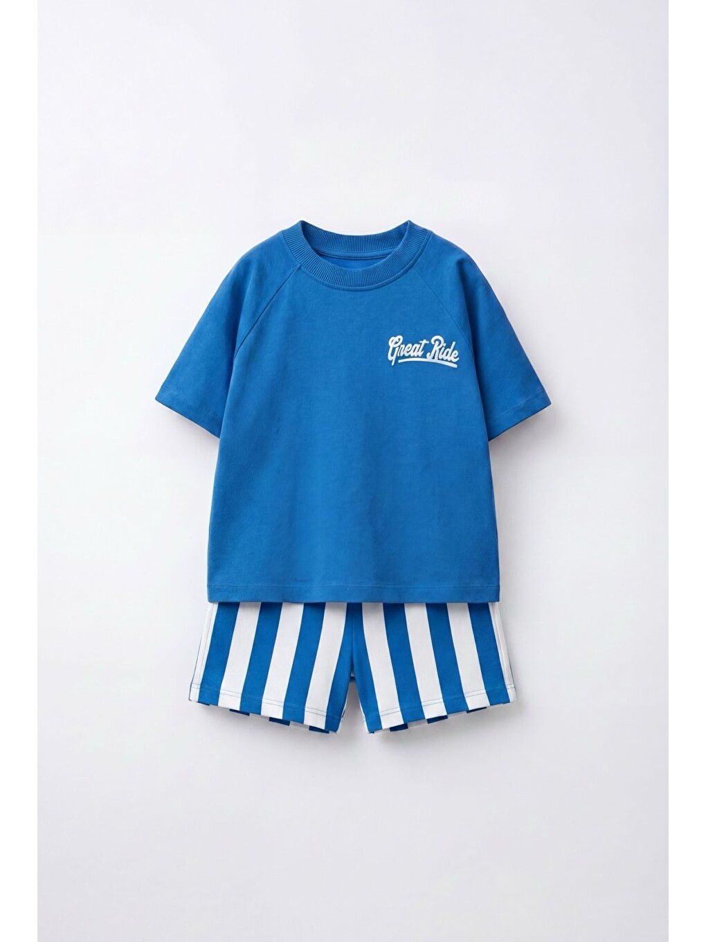 Mavi Erkek Çocuk Pamuklu Baskılı T-Shirt Çizgili Şort Takım