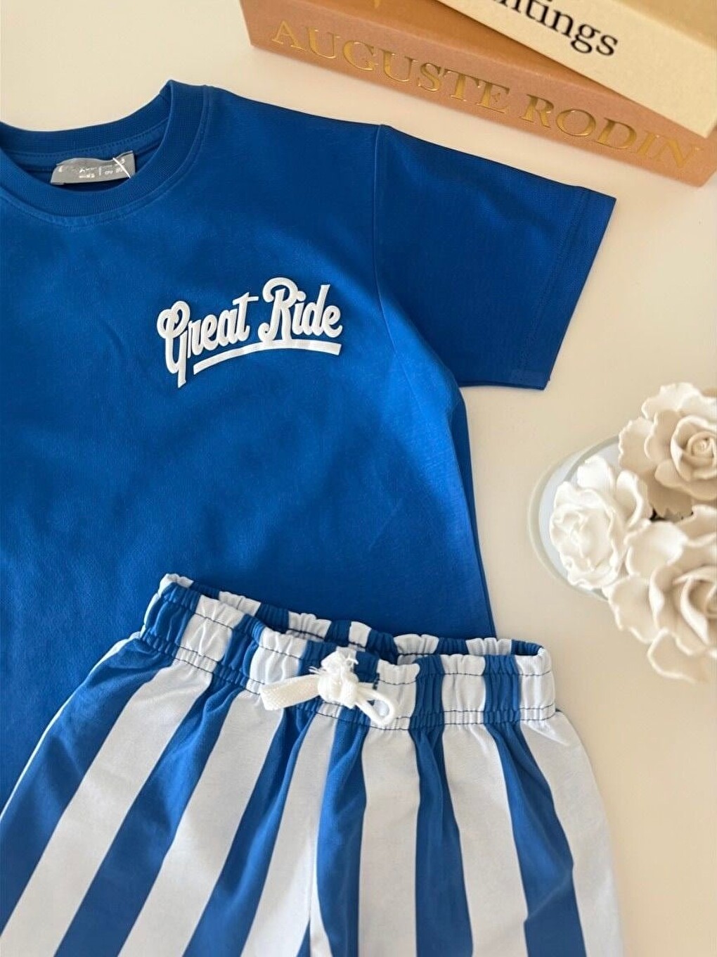 Mavi Erkek Çocuk Pamuklu Baskılı T-Shirt Çizgili Şort Takım-2