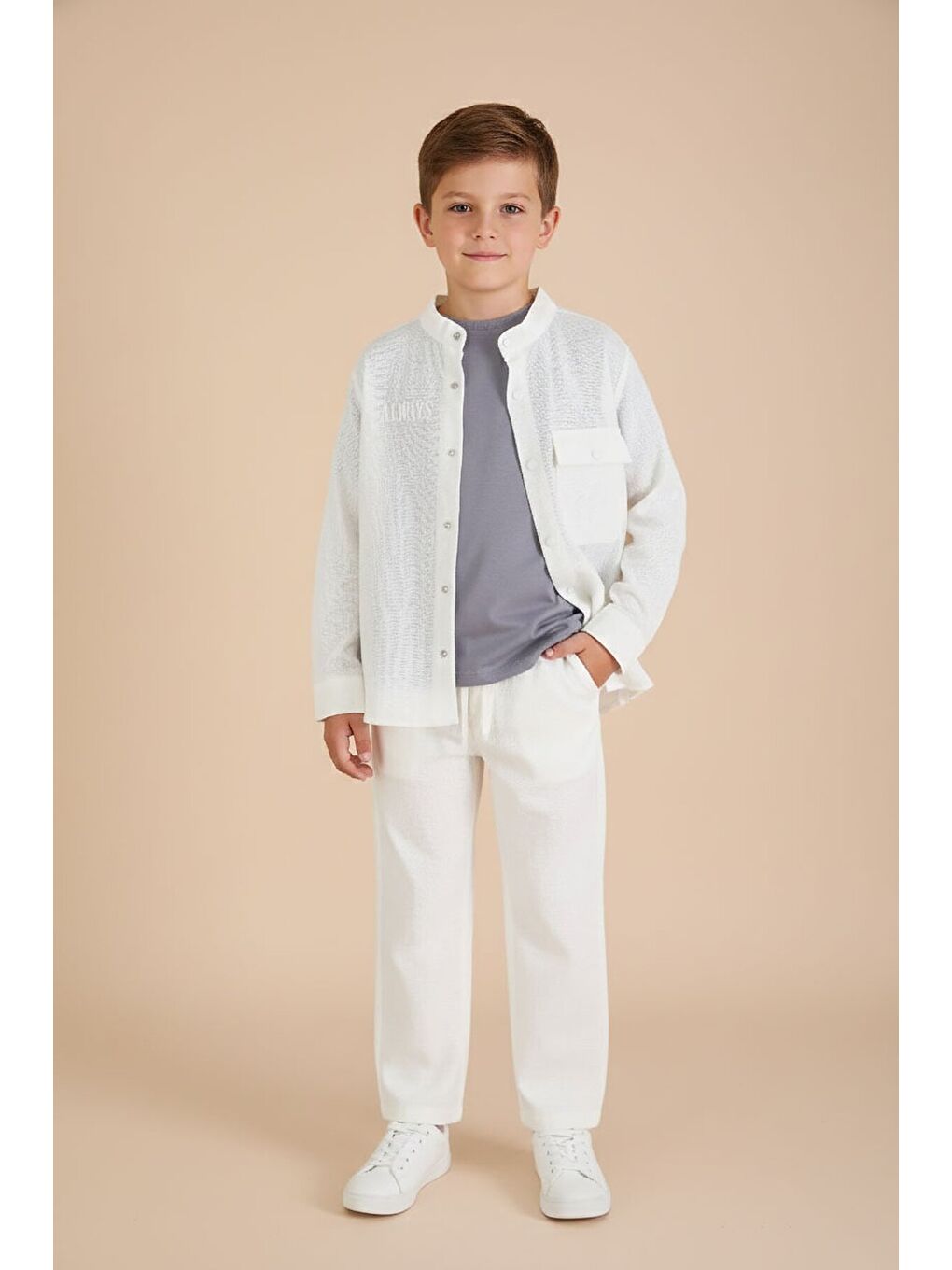 Ekru Keten Gömlekli Pantolonlu Erkek Çocuk 3lü Alt Üst Takım 23575