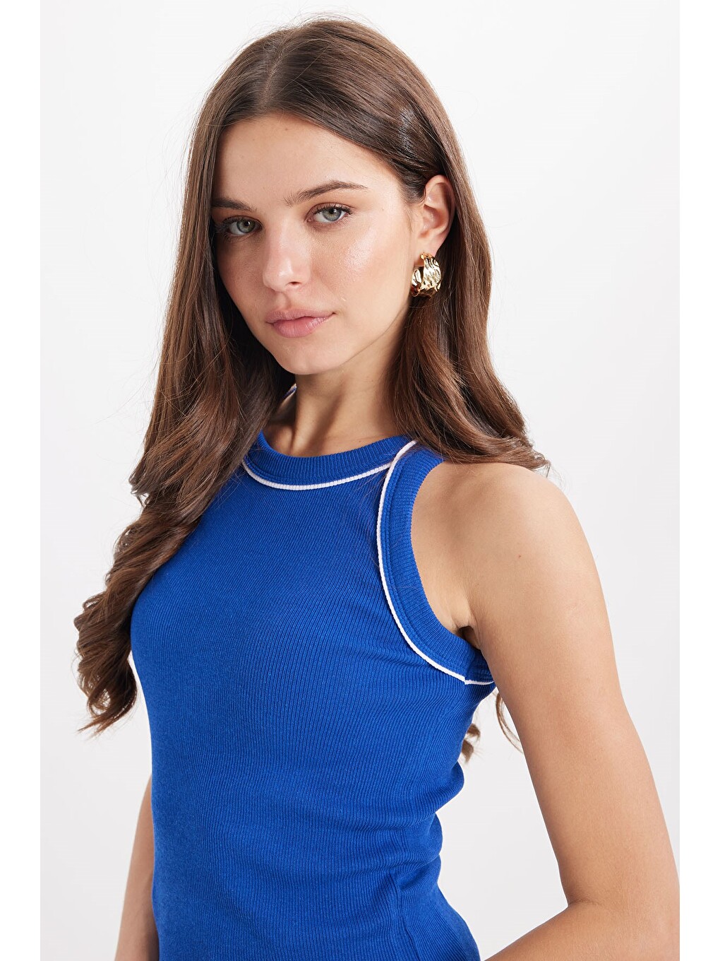 Kadın Slim Fit Dar Kesim Pamuklu Askılı Bisiklet Yaka Biyeli Saks Mavi Crop Atlet-2