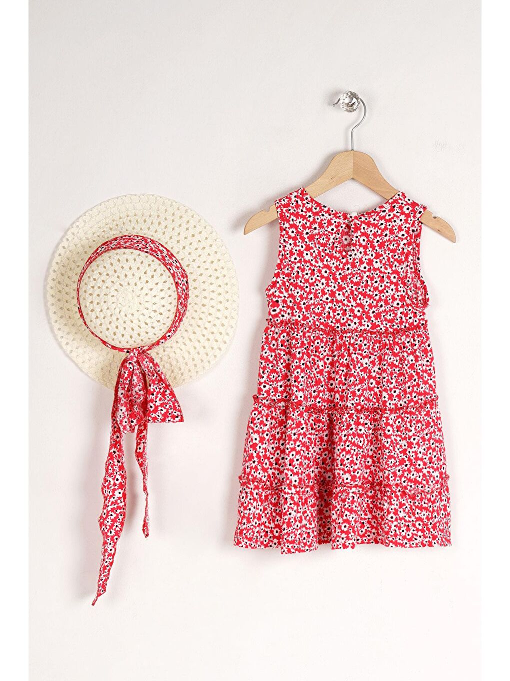 Kırmızı Bisiklet Yaka Çiçek Desenli Katlı Şapka Aksesuarlı Kız Çocuk Elbise-1
