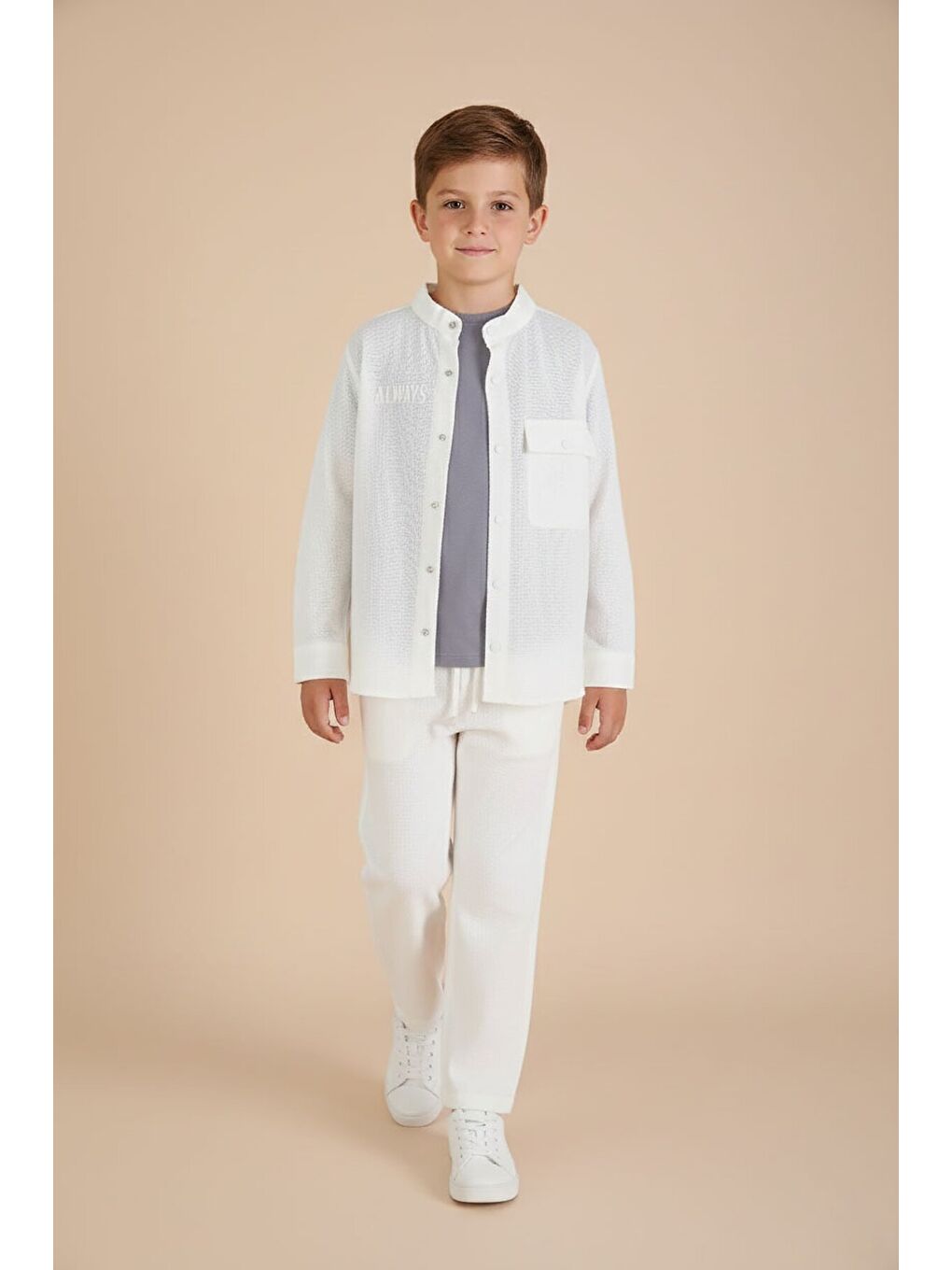 Ekru Keten Gömlekli Pantolonlu Erkek Çocuk 3lü Alt Üst Takım 23575-1