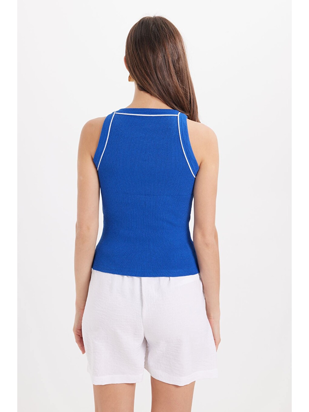 Kadın Slim Fit Dar Kesim Pamuklu Askılı Bisiklet Yaka Biyeli Saks Mavi Crop Atlet-6
