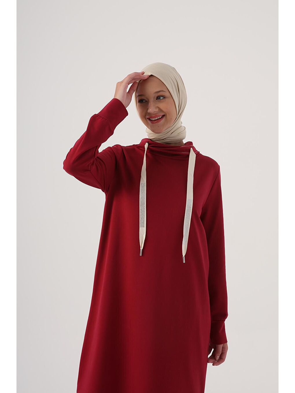 Koyu Bordo Yakası Sim Dikişli Kordonlu Sweat Tunik-4