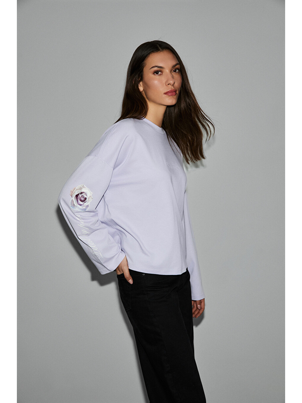Lila CIANELLE Kadın Organik Pamuklu Bisiklet Yakalı Uzun Kollu Oversize LİLA T-Shirt-2