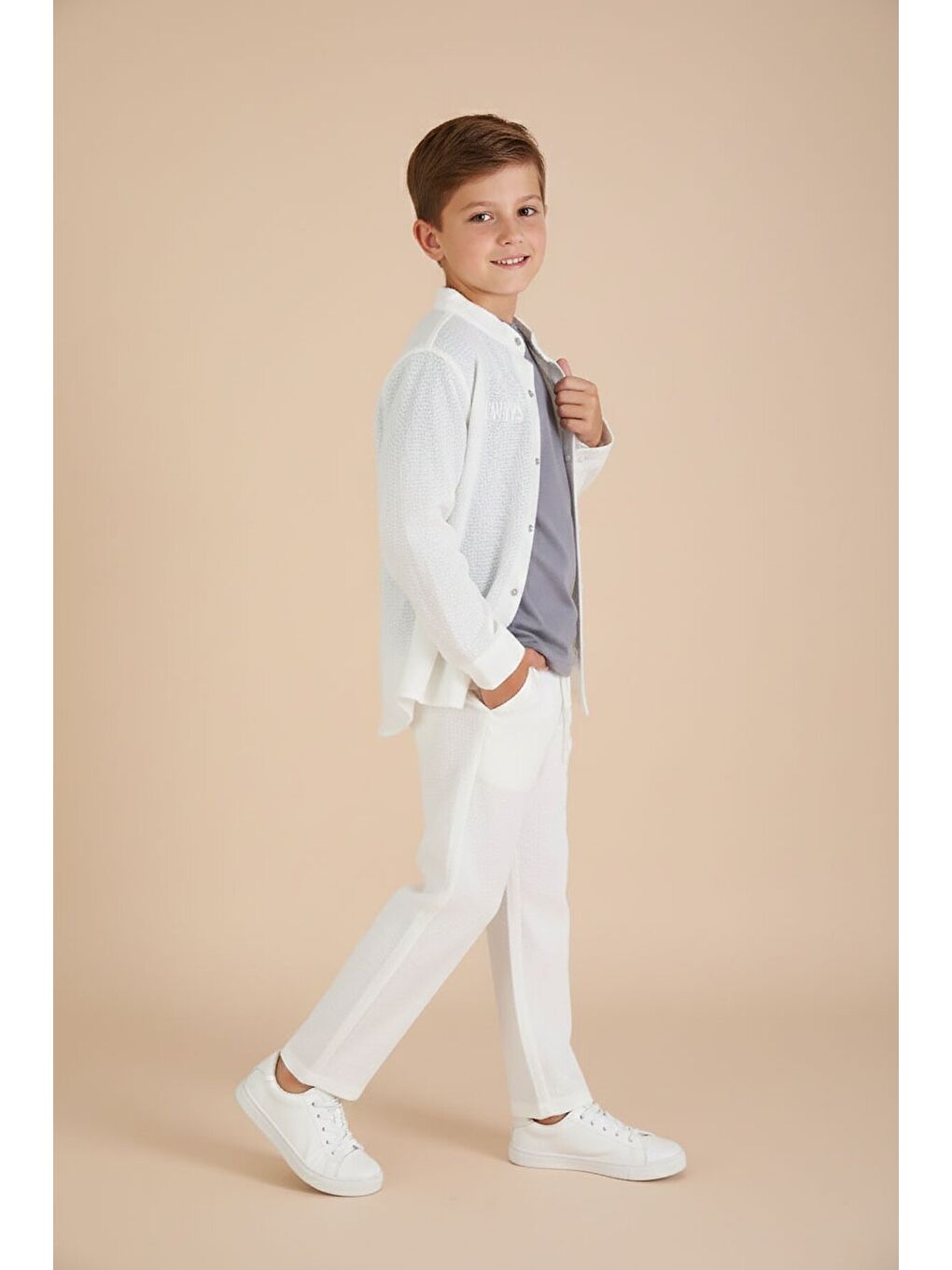 Ekru Keten Gömlekli Pantolonlu Erkek Çocuk 3lü Alt Üst Takım 23575-2