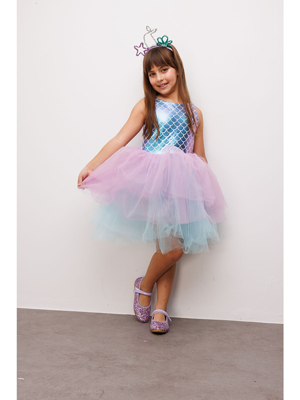 Lila  Deniz Kızı Desenli Tül Etekli Kız Çocuk Elbise - Carey-1