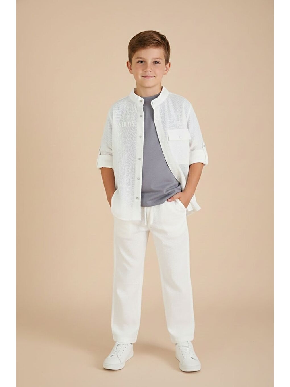 Ekru Keten Gömlekli Pantolonlu Erkek Çocuk 3lü Alt Üst Takım 23575-3