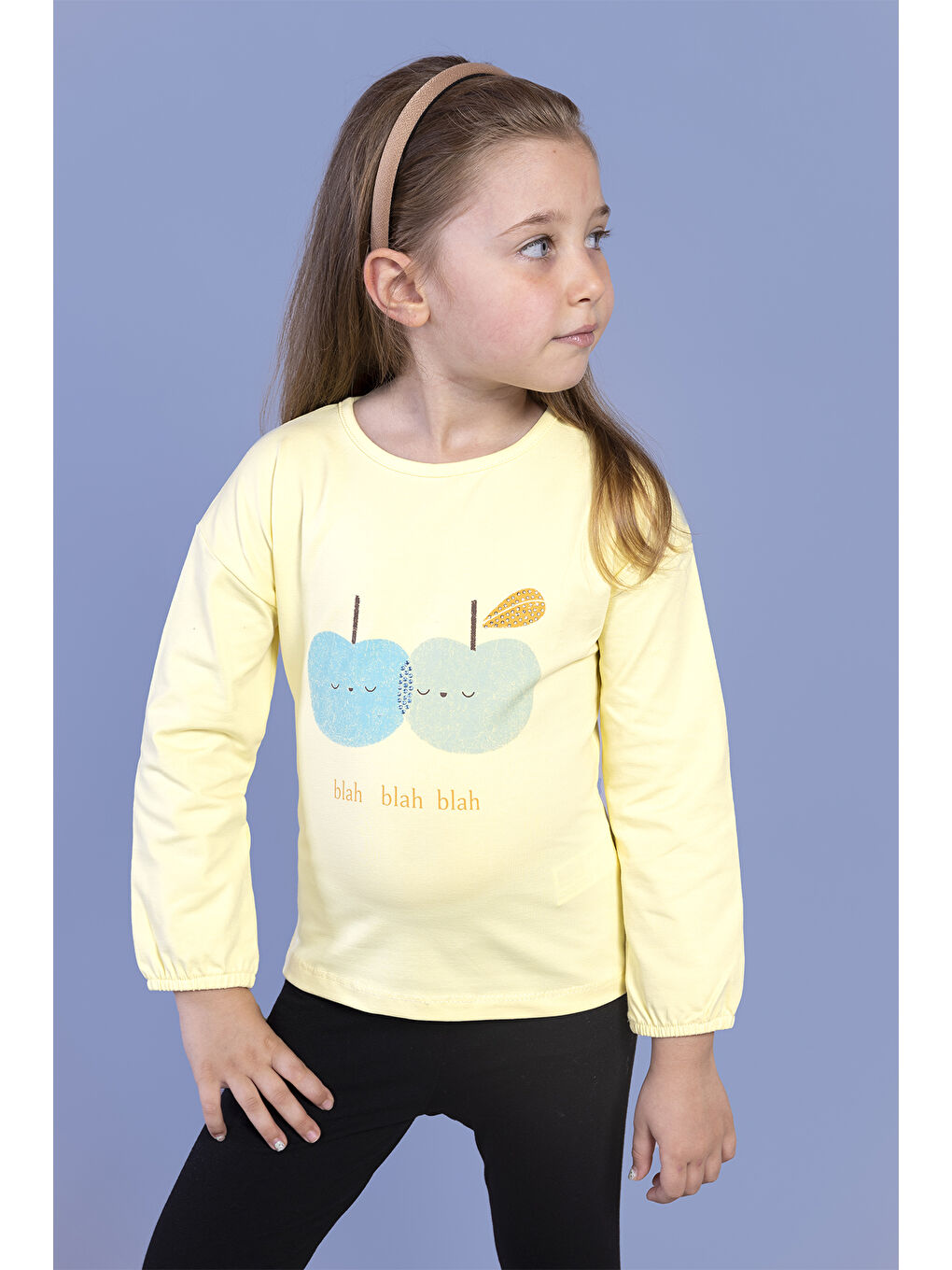 Sarı Kız Çocuk Baskılı Kol Ucu Lastikli Sırtı Nakış Detaylı Tişört
