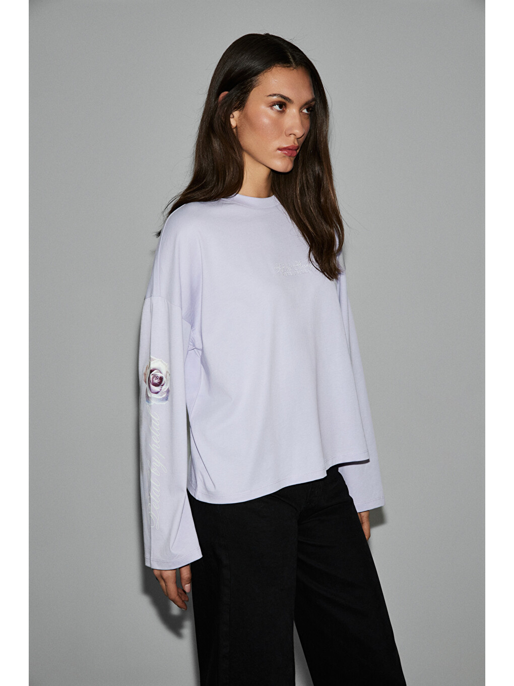 Lila CIANELLE Kadın Organik Pamuklu Bisiklet Yakalı Uzun Kollu Oversize LİLA T-Shirt-3