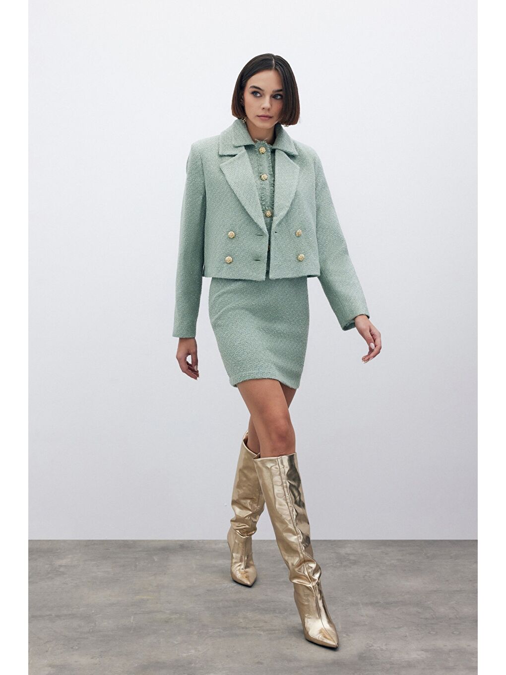 Yeşil Simli Kısa Tüvit Ceket - Mint