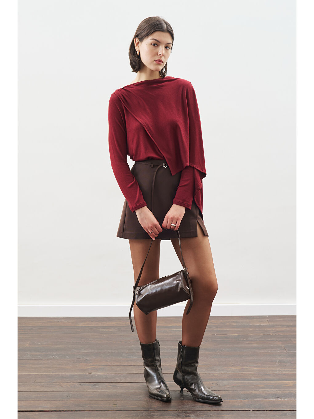 Şal Detaylı Dökümlü Bluz Bordo