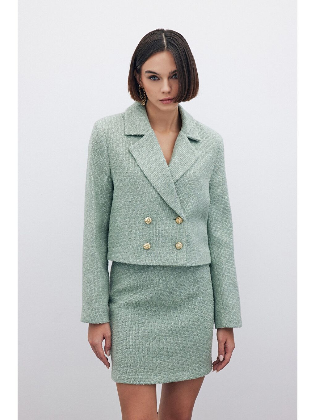 Yeşil Simli Kısa Tüvit Ceket - Mint-1