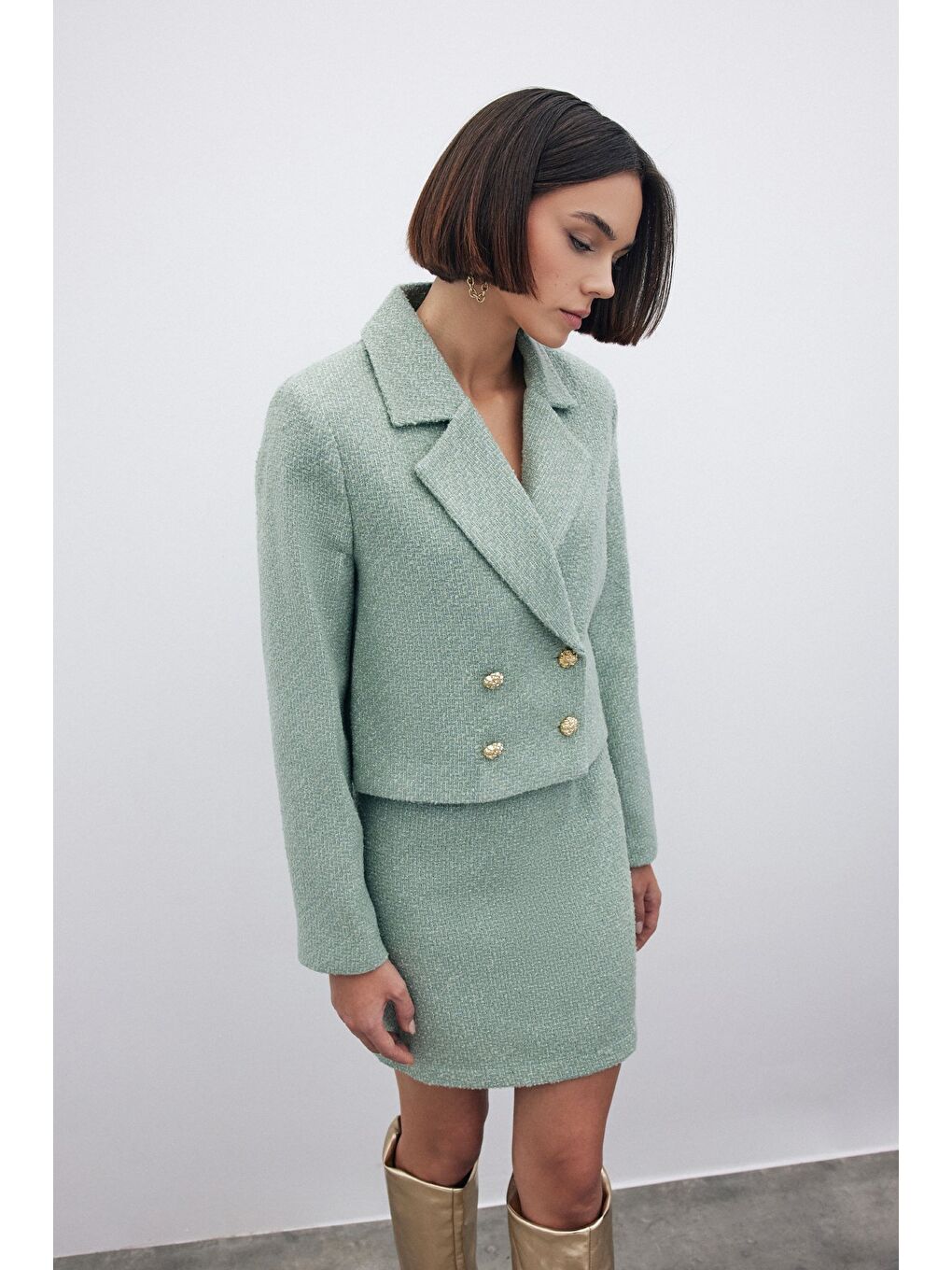 Yeşil Simli Kısa Tüvit Ceket - Mint-2