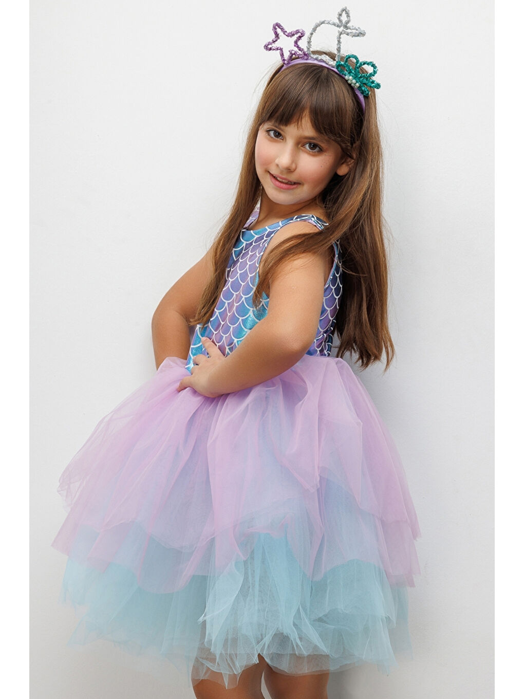 Lila  Deniz Kızı Desenli Tül Etekli Kız Çocuk Elbise - Carey-3