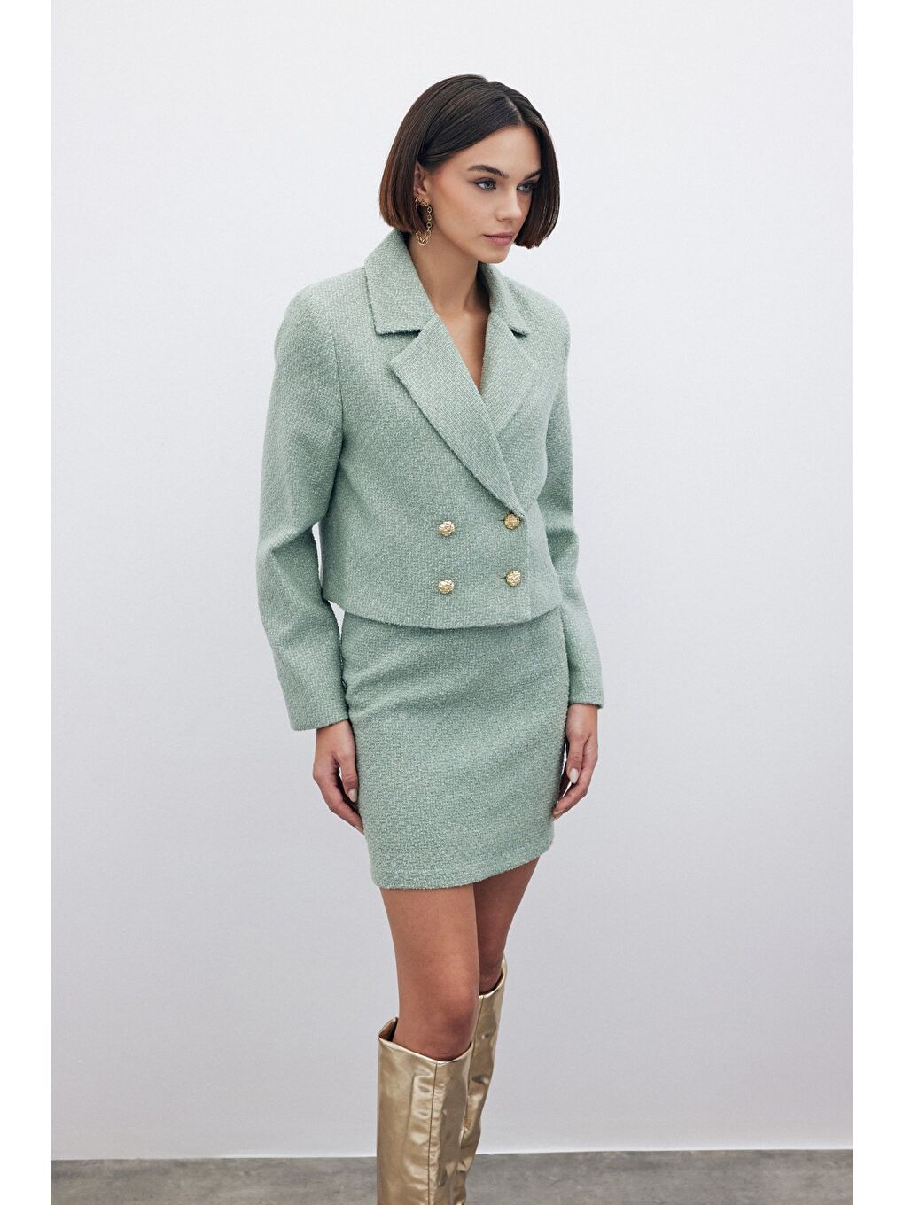 Yeşil Simli Kısa Tüvit Ceket - Mint-4