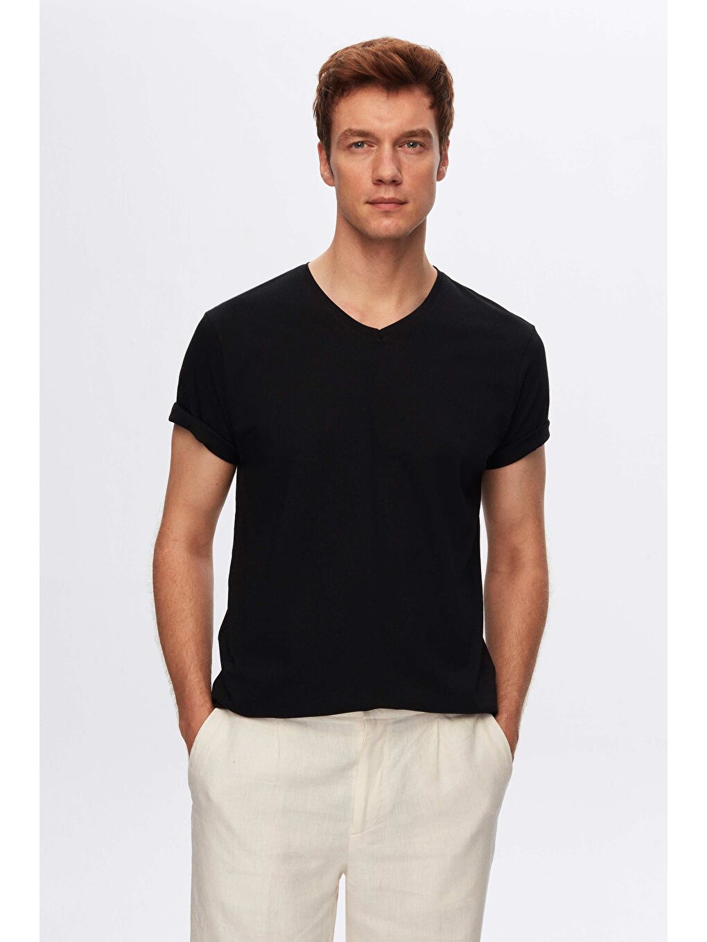 Slim Fit Siyah V Yaka %100 Pamuk Tişört-2