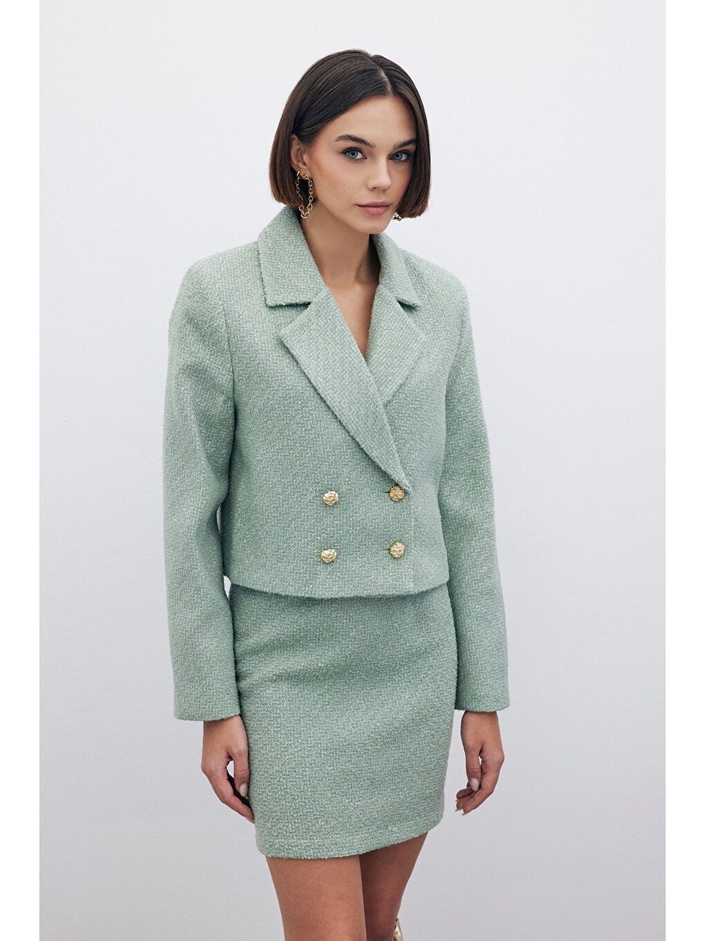Yeşil Simli Kısa Tüvit Ceket - Mint-6