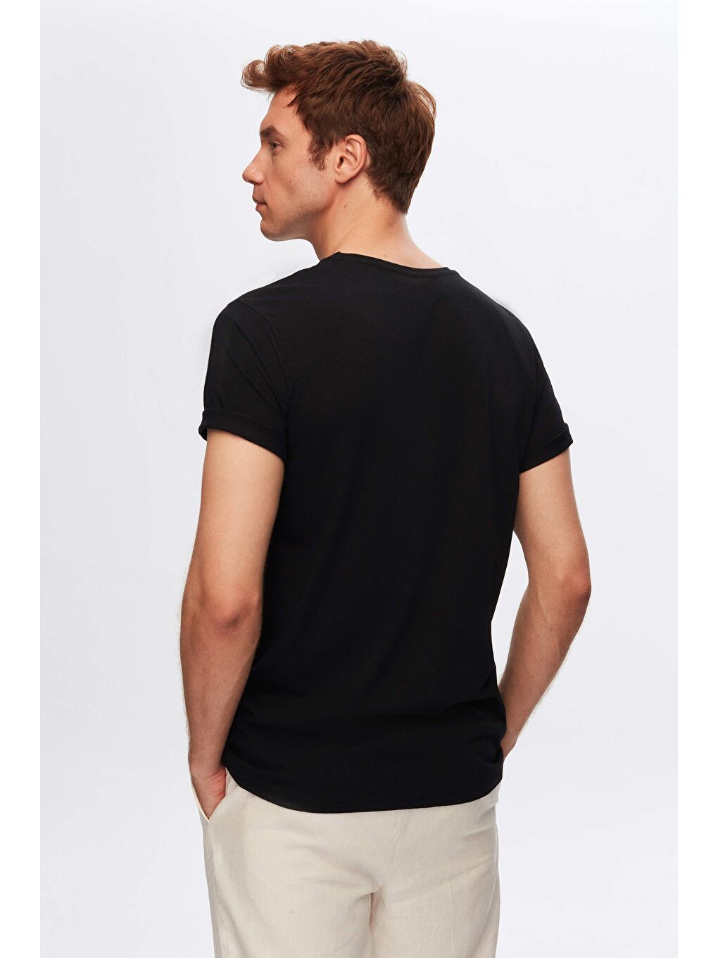 Slim Fit Siyah V Yaka %100 Pamuk Tişört-5