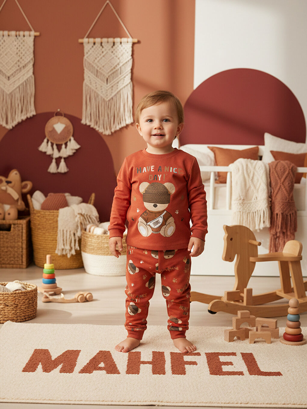 %100 Pamuklu Kırmızı Teddy Bear Baskılı Çocuk Pijama Takımı 1-6 Yaş-1
