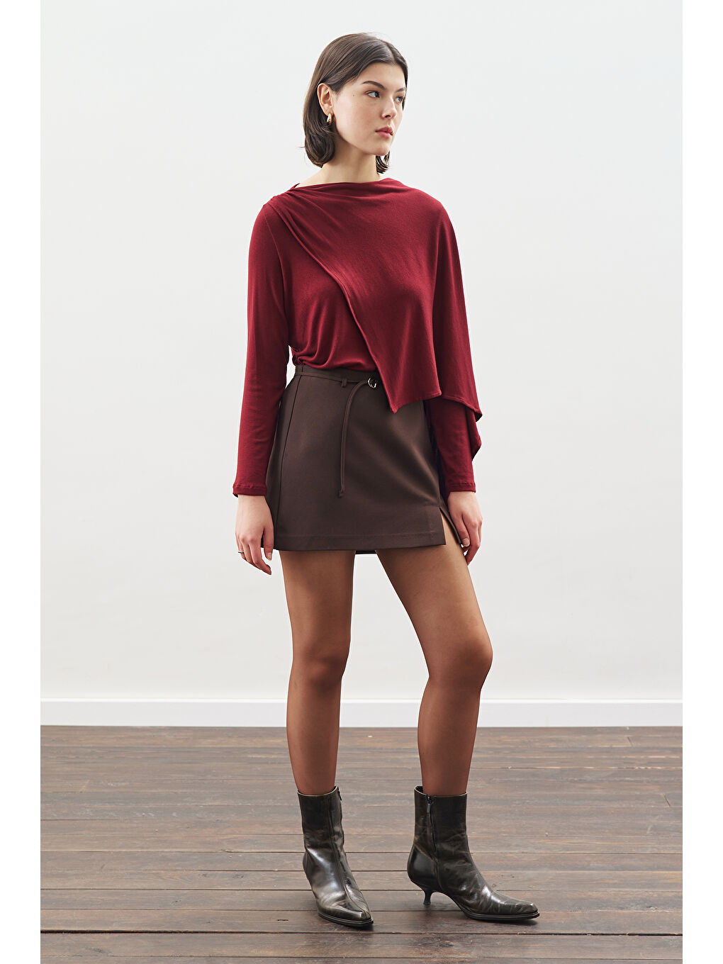 Şal Detaylı Dökümlü Bluz Bordo-2