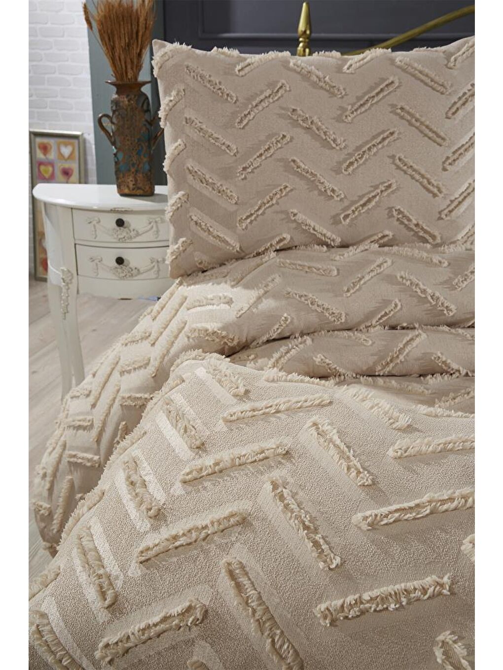 Zigra 3 Parça Çift Kişilik Pike Takımı Bej-1