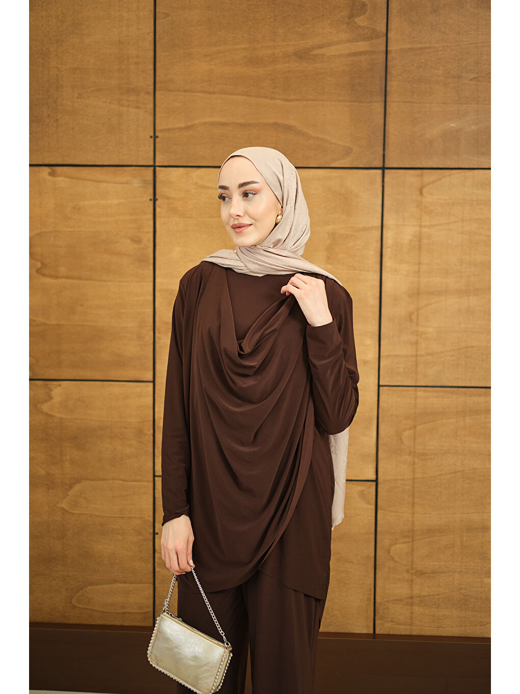 Kahverengi Kadın Regular Sıfır Yaka Arka Kesik Detay Takım Acı Kahve-1