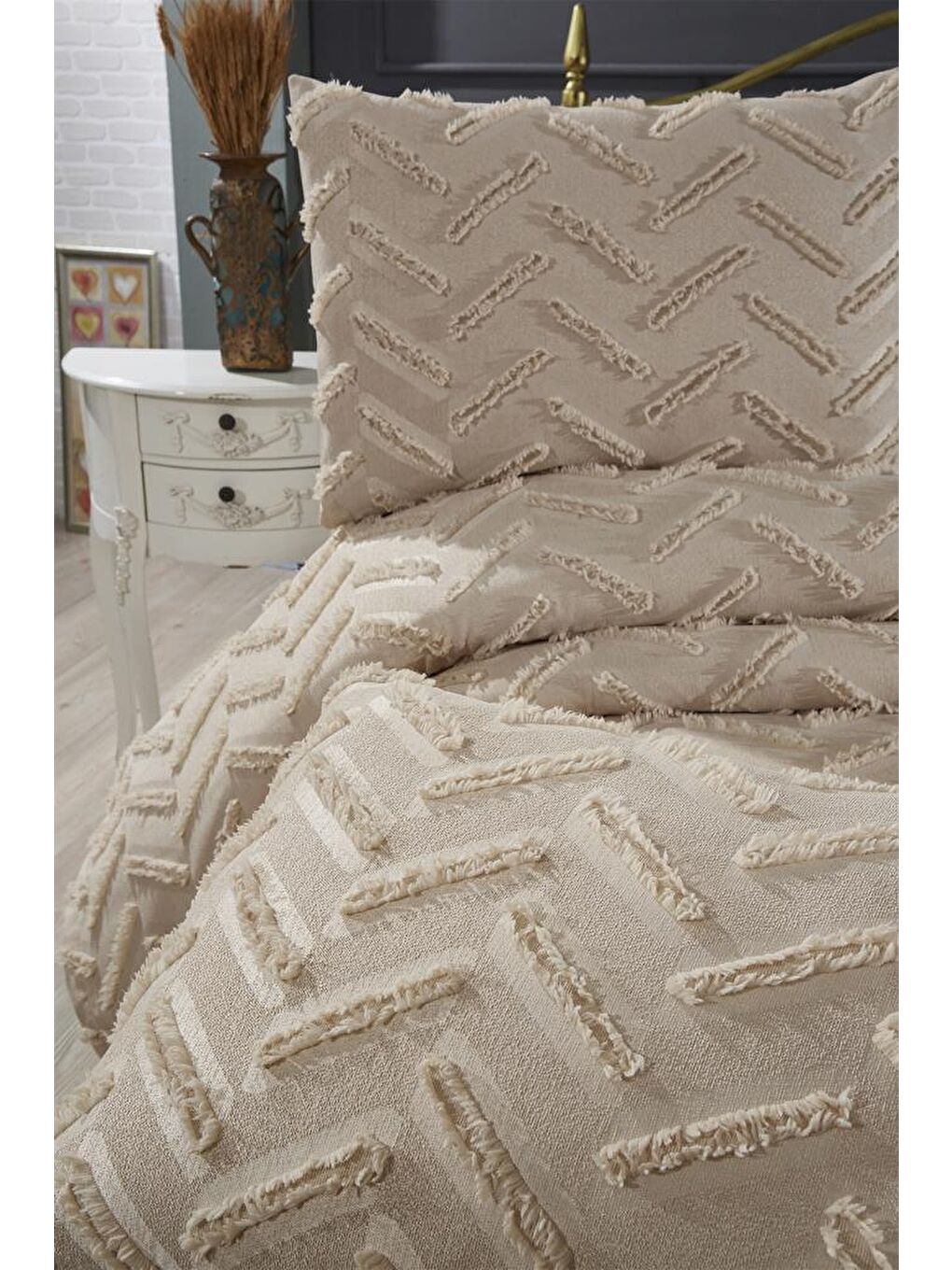 Zigra 3 Parça Çift Kişilik Pike Takımı Bej-3