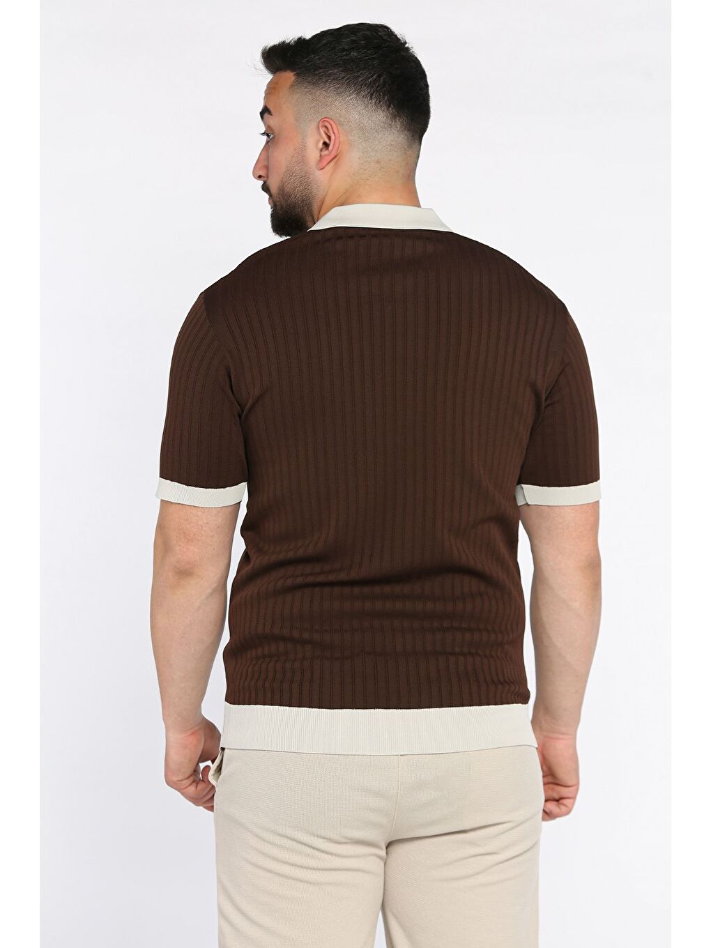 Kahverengi Polo Yaka Çizgi Desenli Erkek Triko Tişört-2