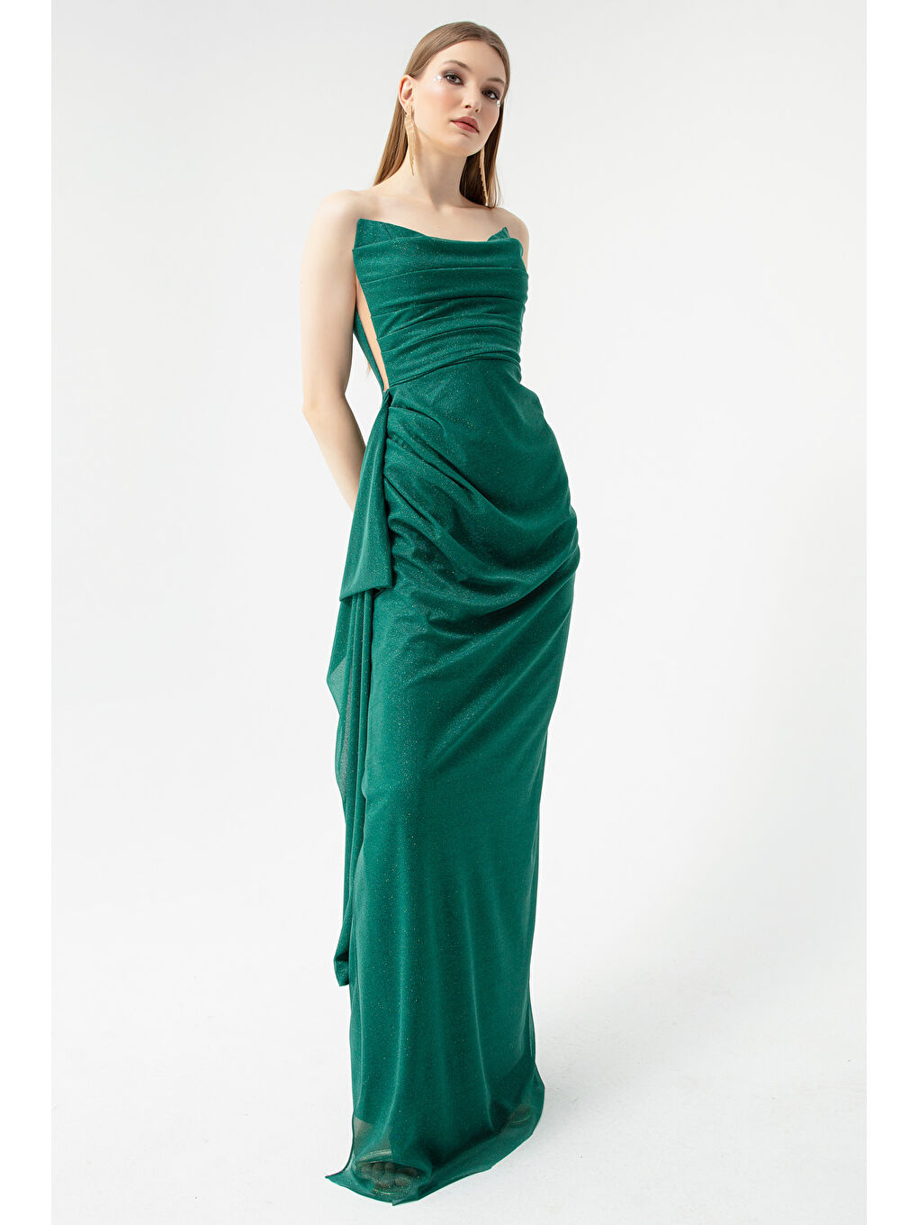 Kadın Zümrüt Yeşili Göğüs Drapeli Yırtmaçlı Simli Abiye-1