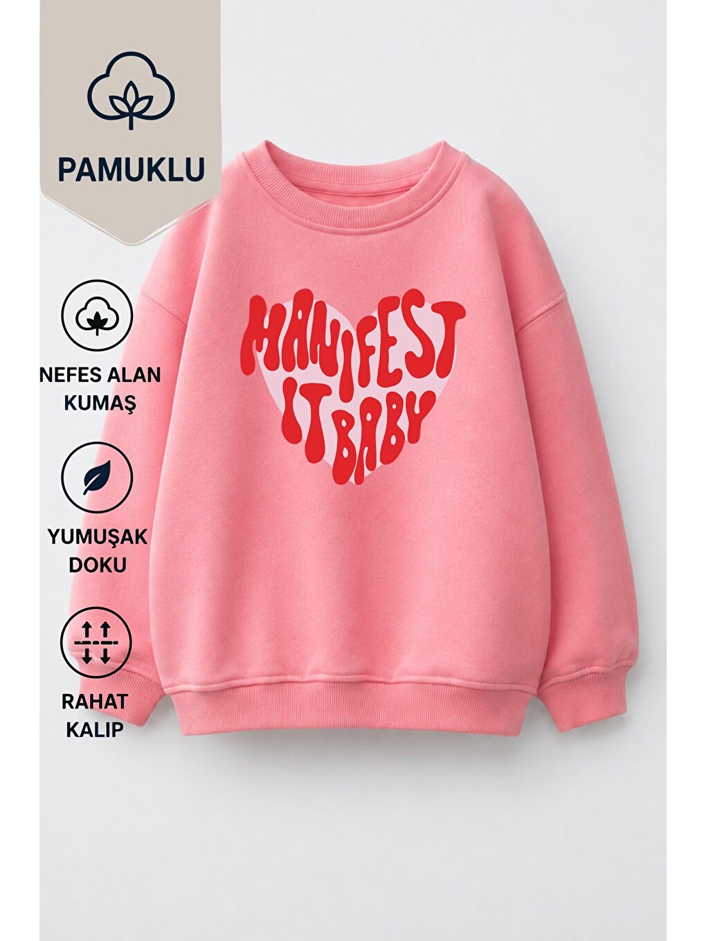 Pembe Kız Çocuk 3 İplik Kumaş Baskılı Pamuklu Sweatshirt-1