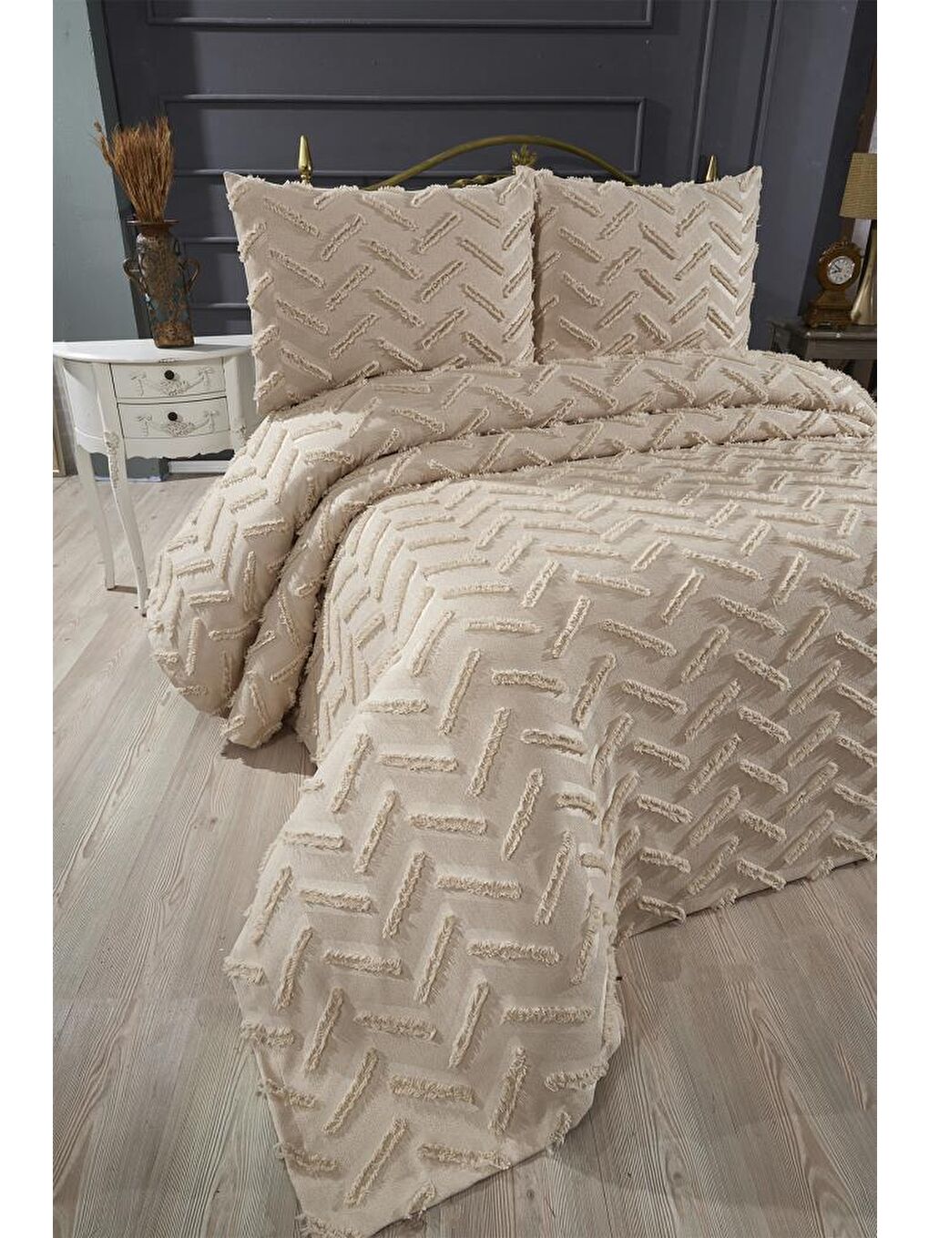 Zigra 3 Parça Çift Kişilik Pike Takımı Bej-4