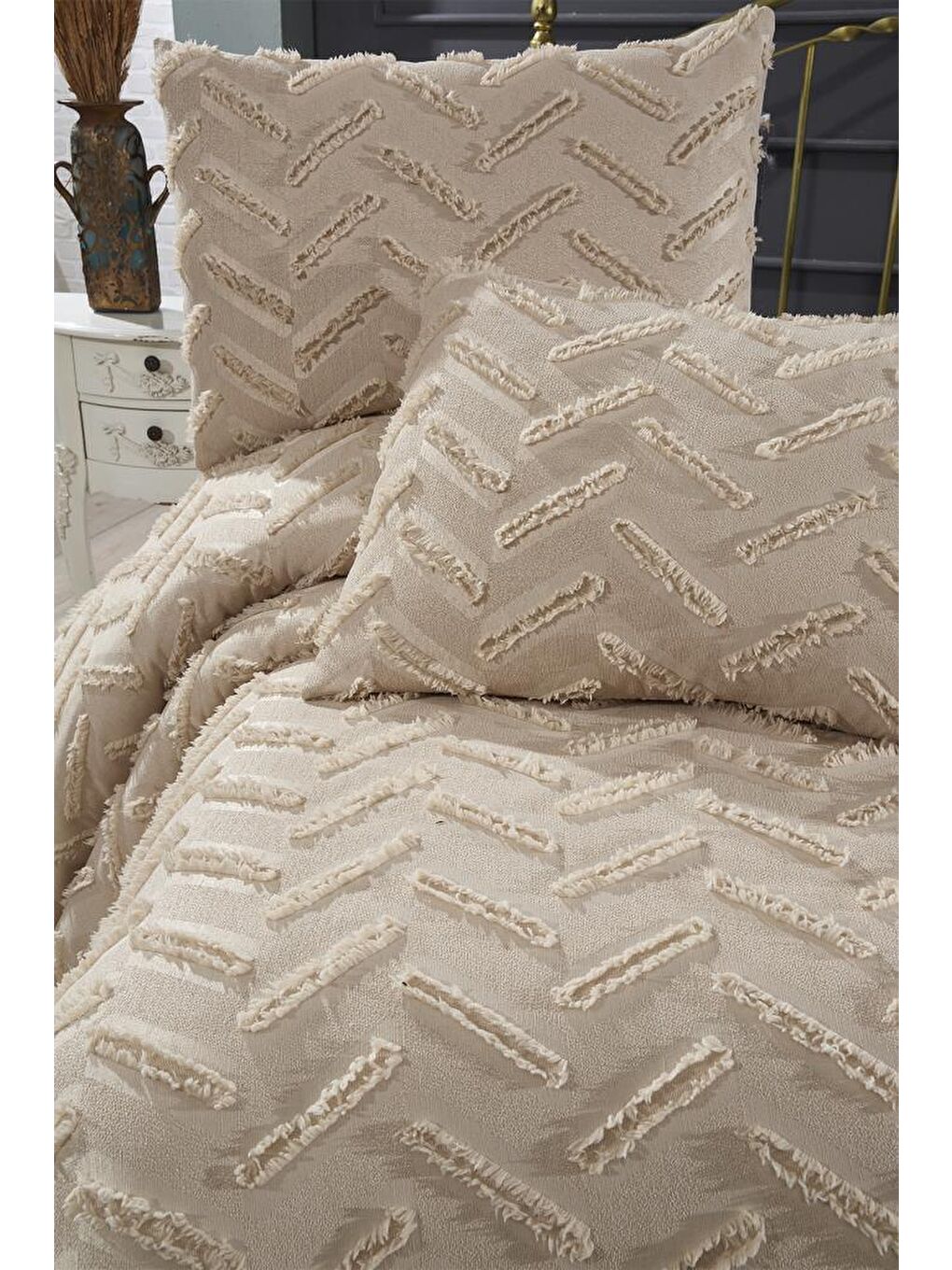 Zigra 3 Parça Çift Kişilik Pike Takımı Bej-5