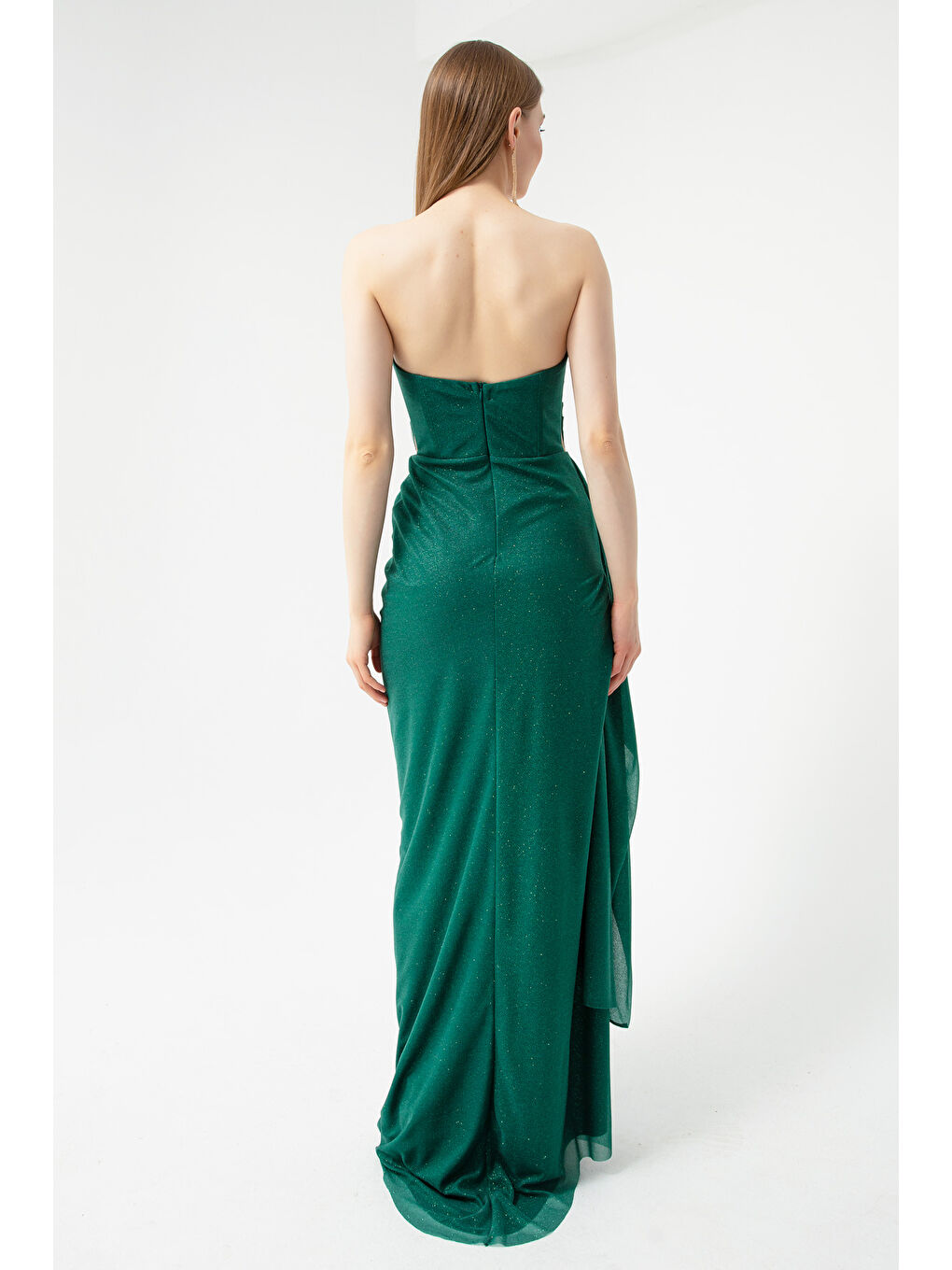 Kadın Zümrüt Yeşili Göğüs Drapeli Yırtmaçlı Simli Abiye-4