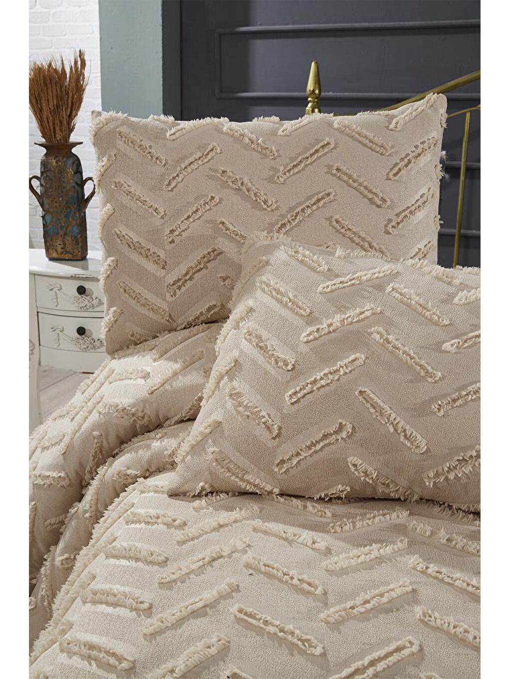 Zigra 3 Parça Çift Kişilik Pike Takımı Bej-6