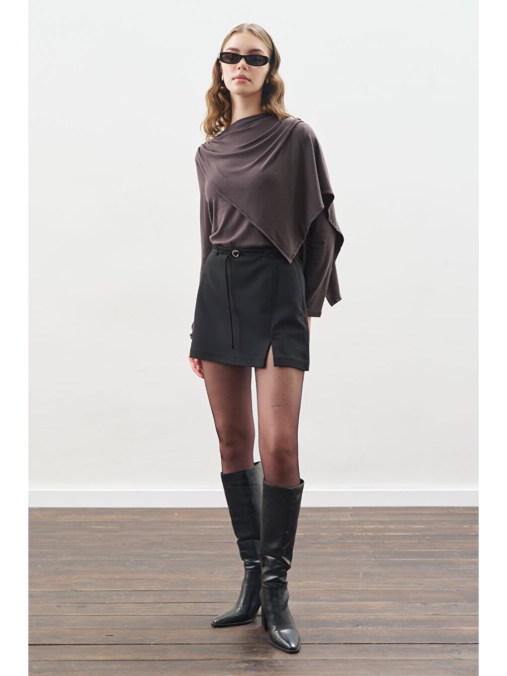 Şal Detaylı Dökümlü Bluz Antrasit-2