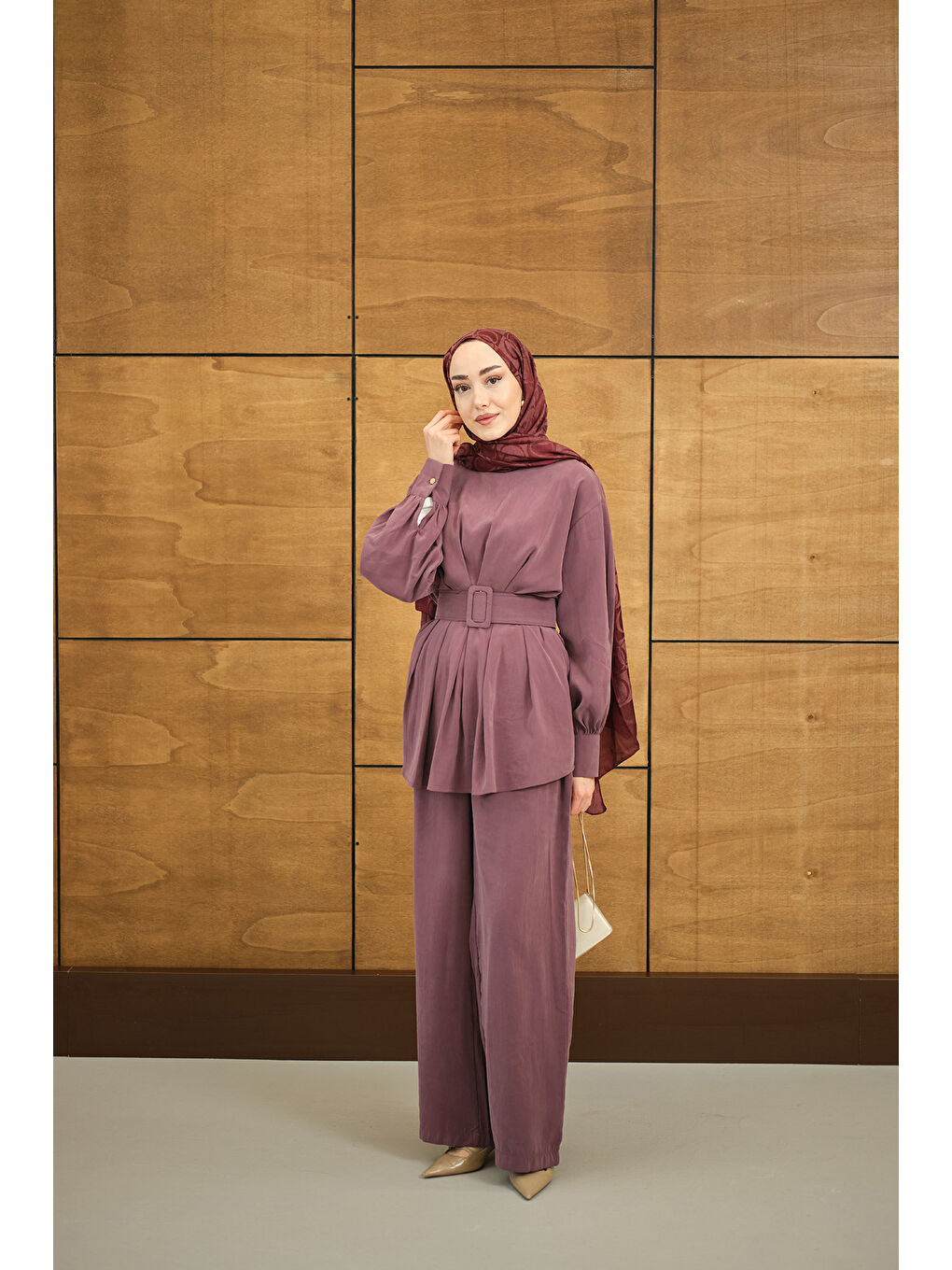 Pembe Kadın Kemer Detaylı Bisiklet Yaka Takım Gül Kurusu-1