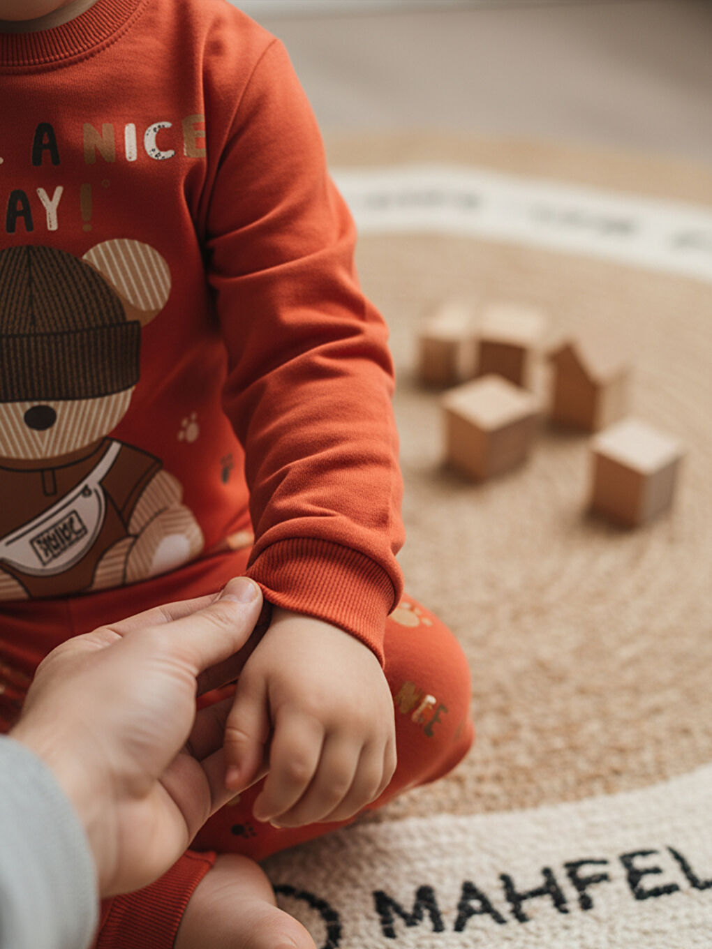 %100 Pamuklu Kırmızı Teddy Bear Baskılı Çocuk Pijama Takımı 1-6 Yaş-4