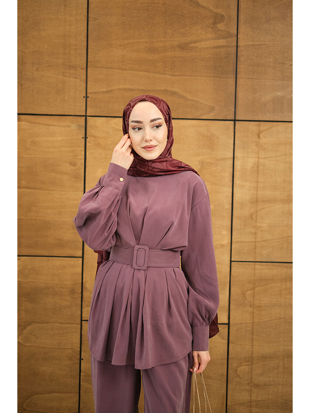 Pembe Kadın Kemer Detaylı Bisiklet Yaka Takım Gül Kurusu-2