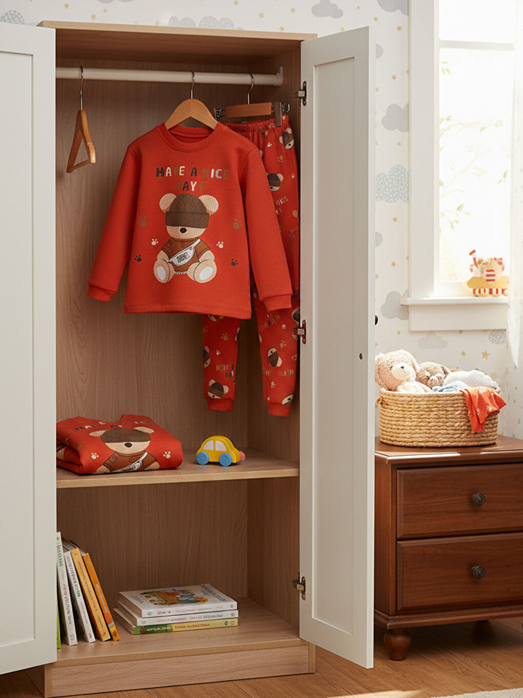 %100 Pamuklu Kırmızı Teddy Bear Baskılı Çocuk Pijama Takımı 1-6 Yaş-5