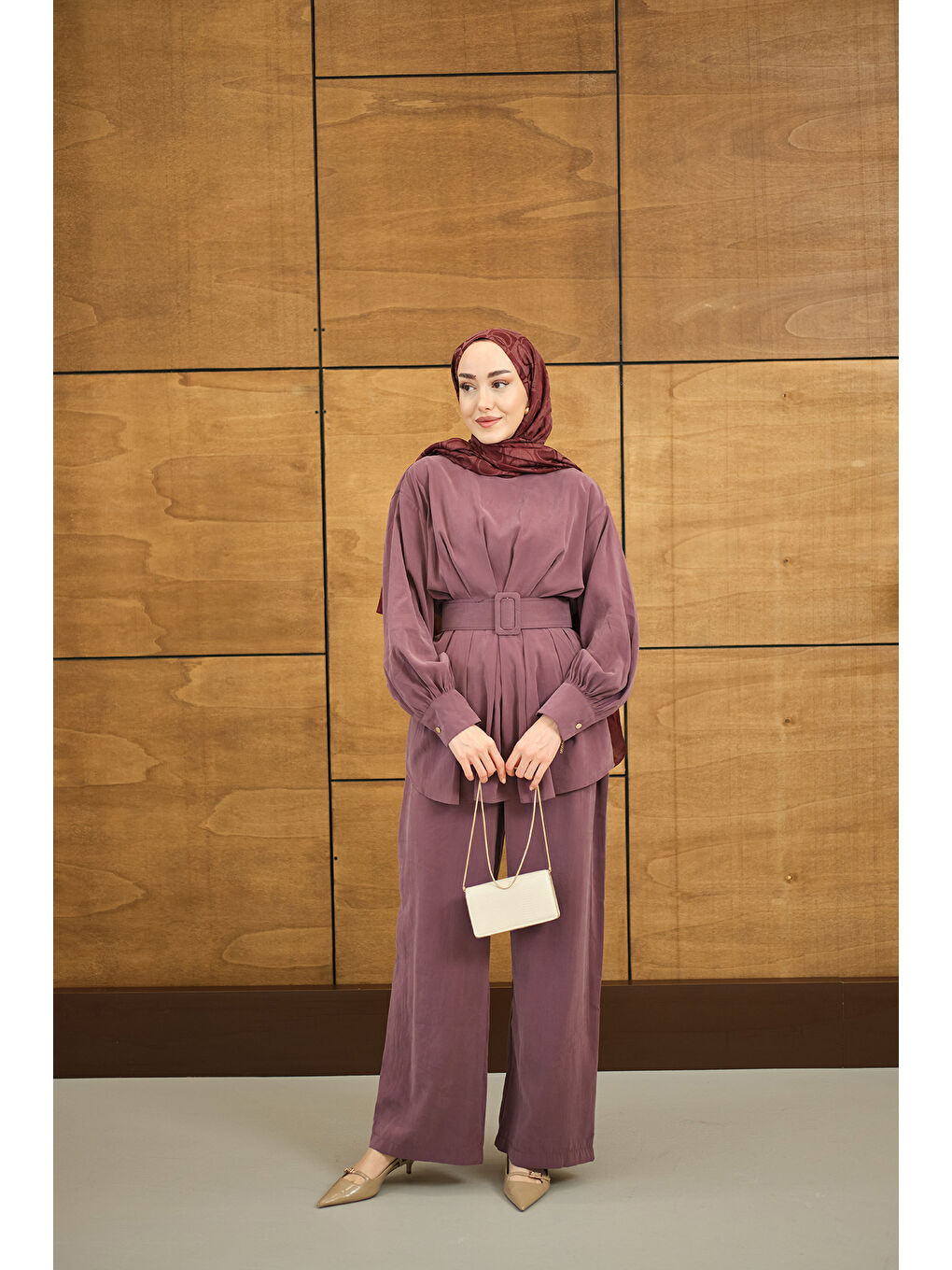 Pembe Kadın Kemer Detaylı Bisiklet Yaka Takım Gül Kurusu-3