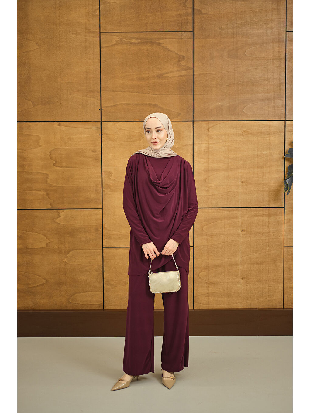 Kadın Regular Sıfır Yaka Arka Kesik Detay Takım Mürdüm-2