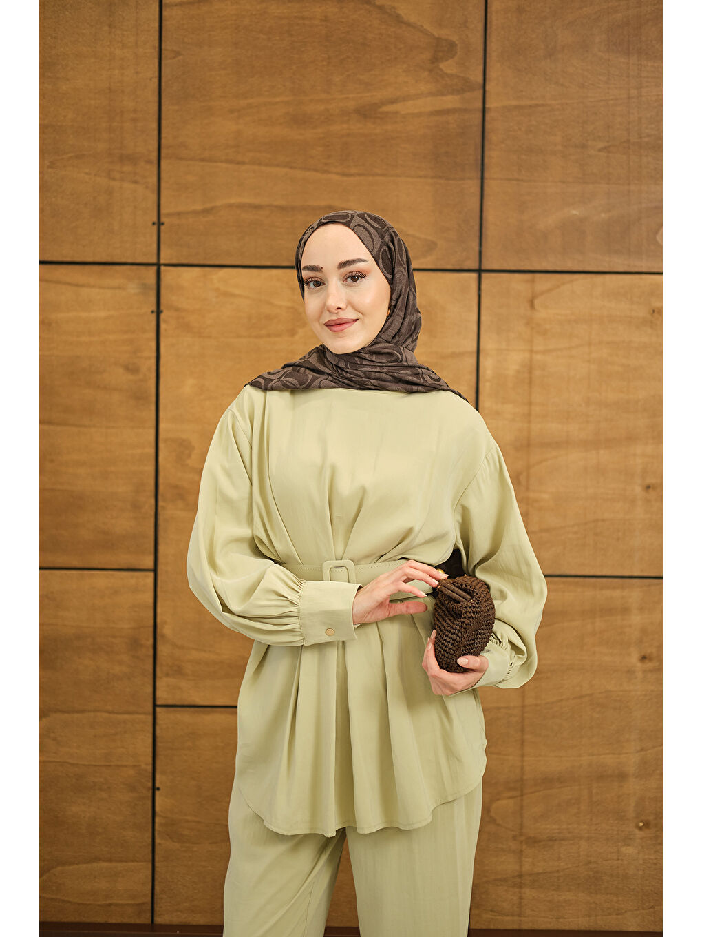 Kadın Kemer Detaylı Bisiklet Yaka Takım Açık Yeşil-1