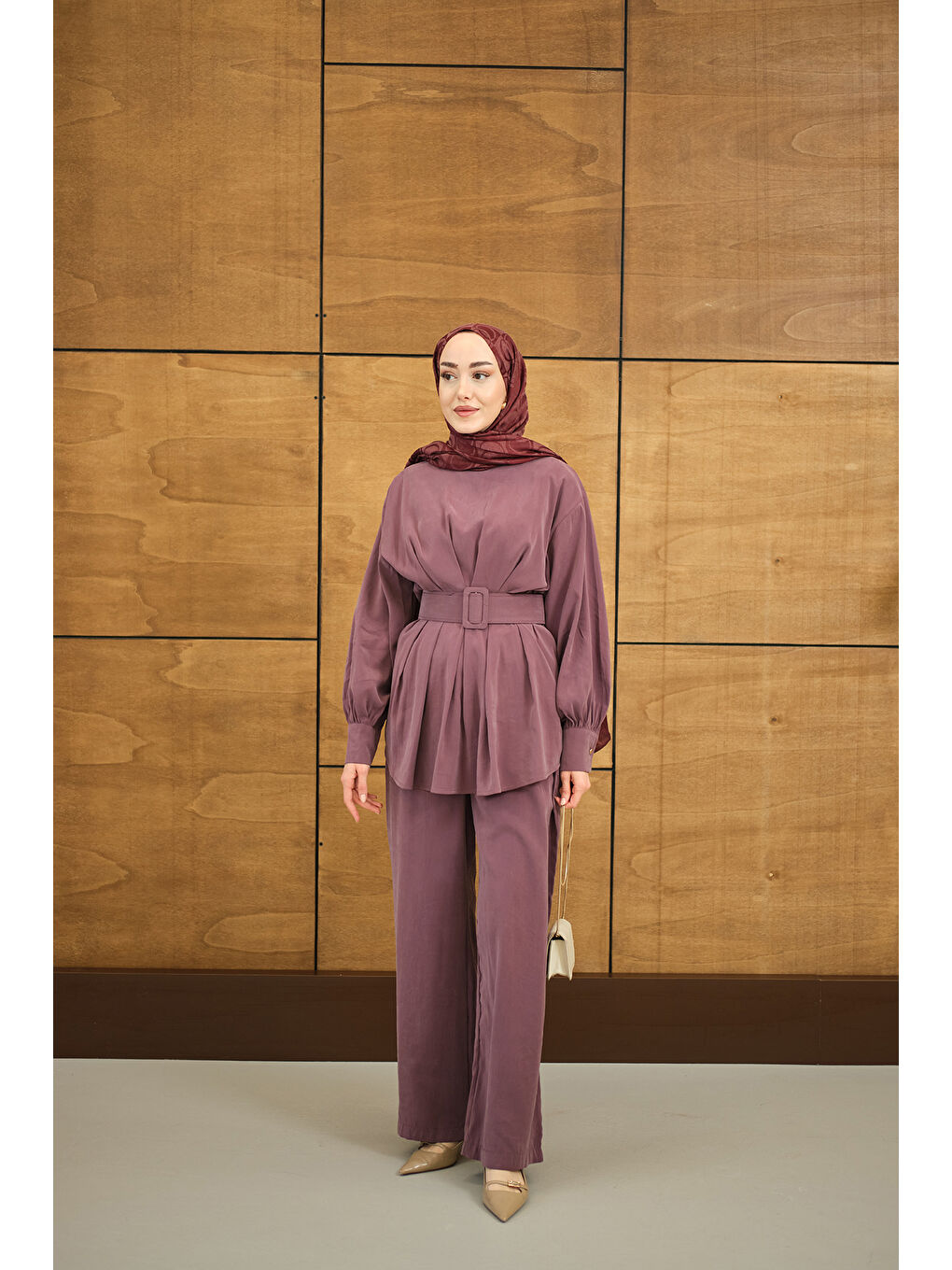 Pembe Kadın Kemer Detaylı Bisiklet Yaka Takım Gül Kurusu-4