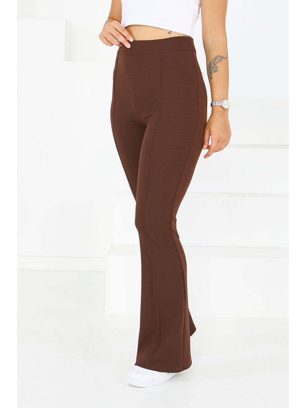 Kahverengi Çımalı İspanyol Paça Krep Pantolon Kahve - 27623