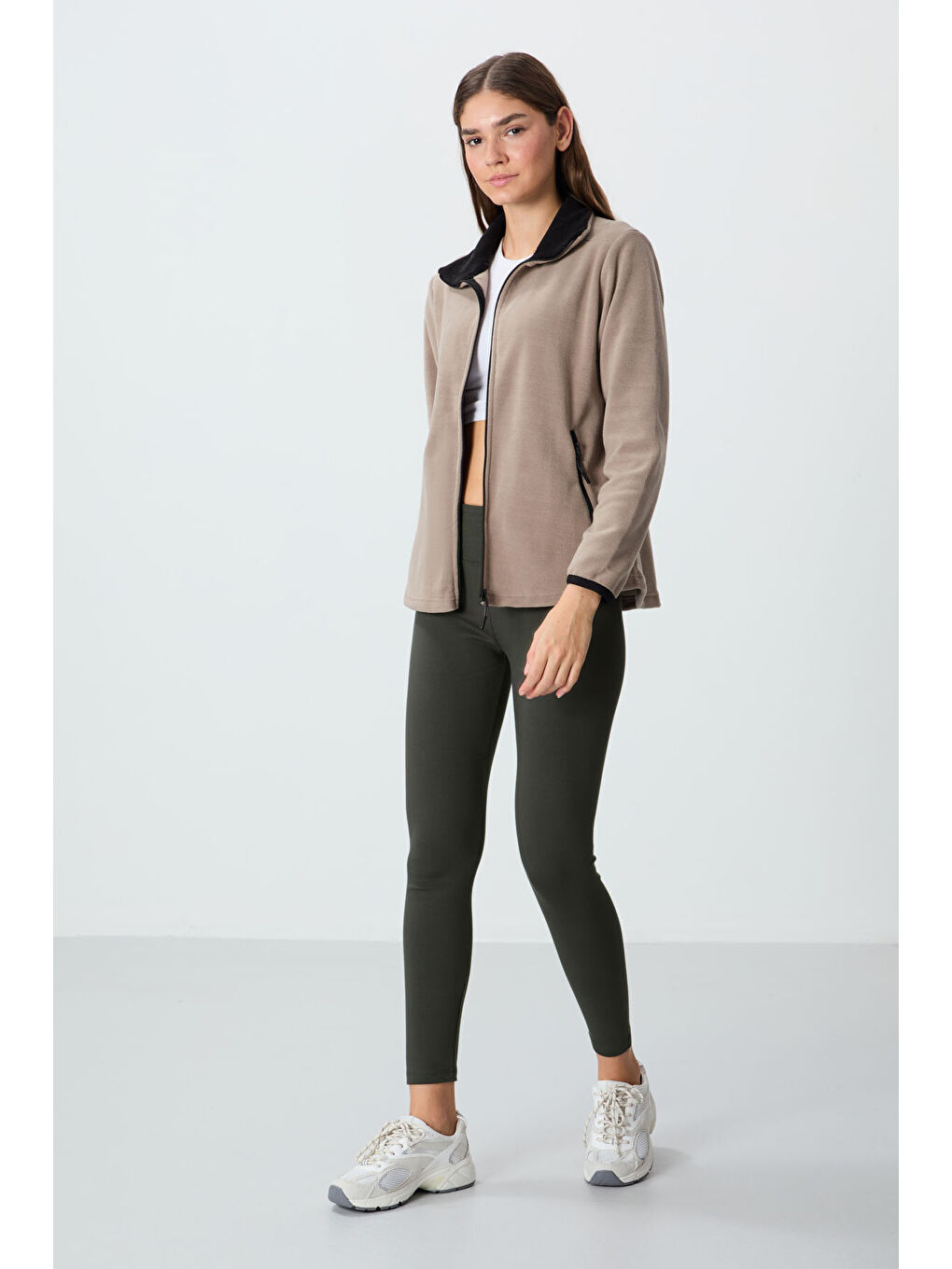 Rahat Form Dik Yaka 2li Paket Siyah-Koyu Bej Kadın Polar Sweatshirt - 97173-3