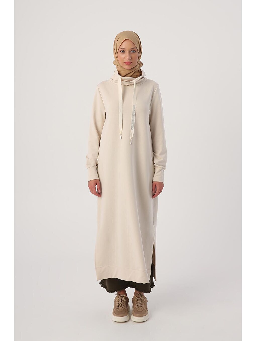 Açık Bej Yakası Sim Dikişli Kordonlu Sweat Tunik-1