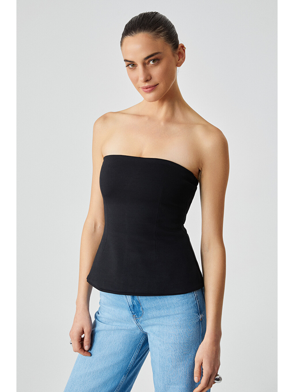 Siyah ORIANA Kadın Slim Fit Straplez SİYAH Bluz