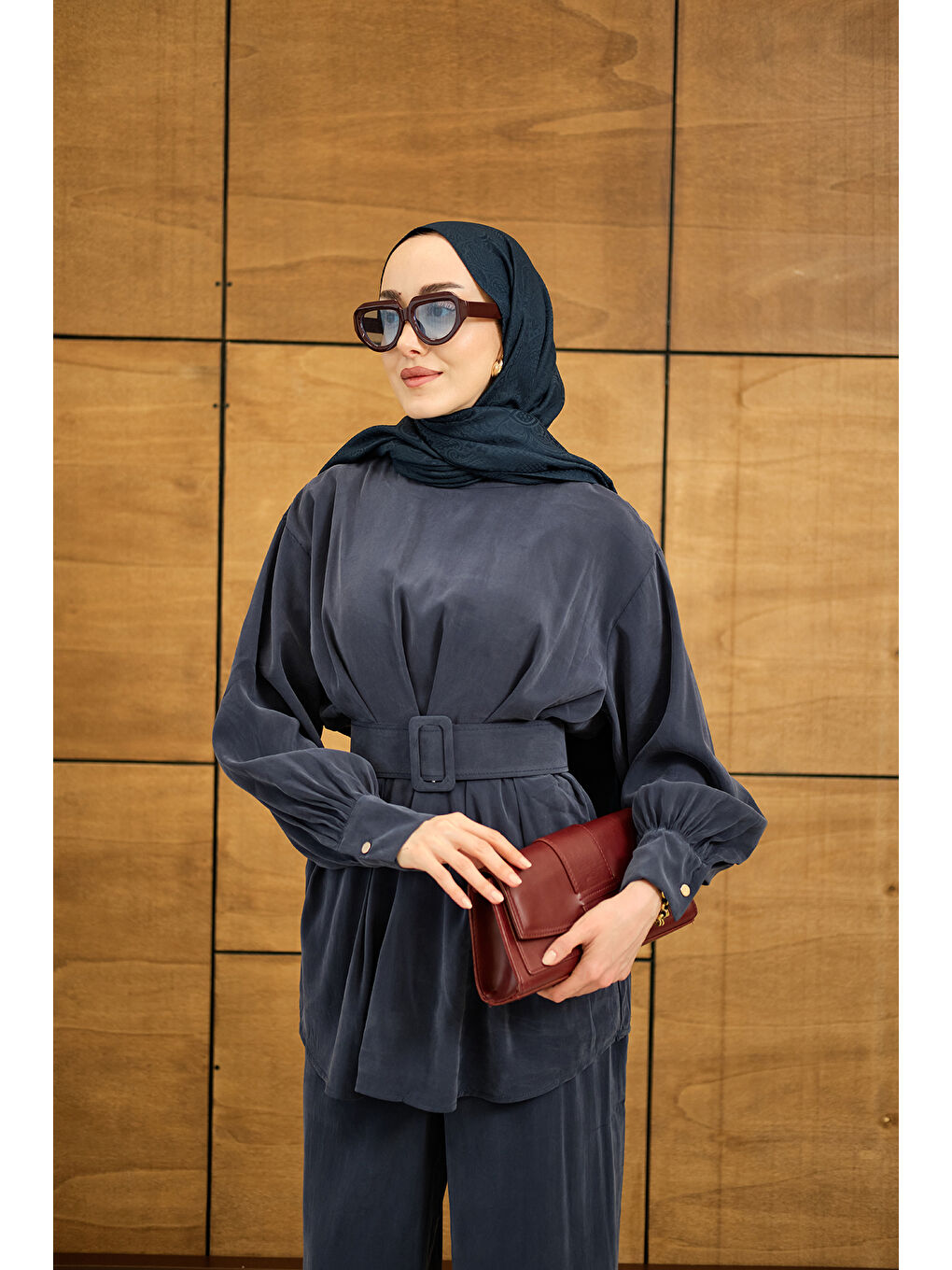 Kadın Kemer Detaylı Bisiklet Yaka Takım İndigo Mavi-3